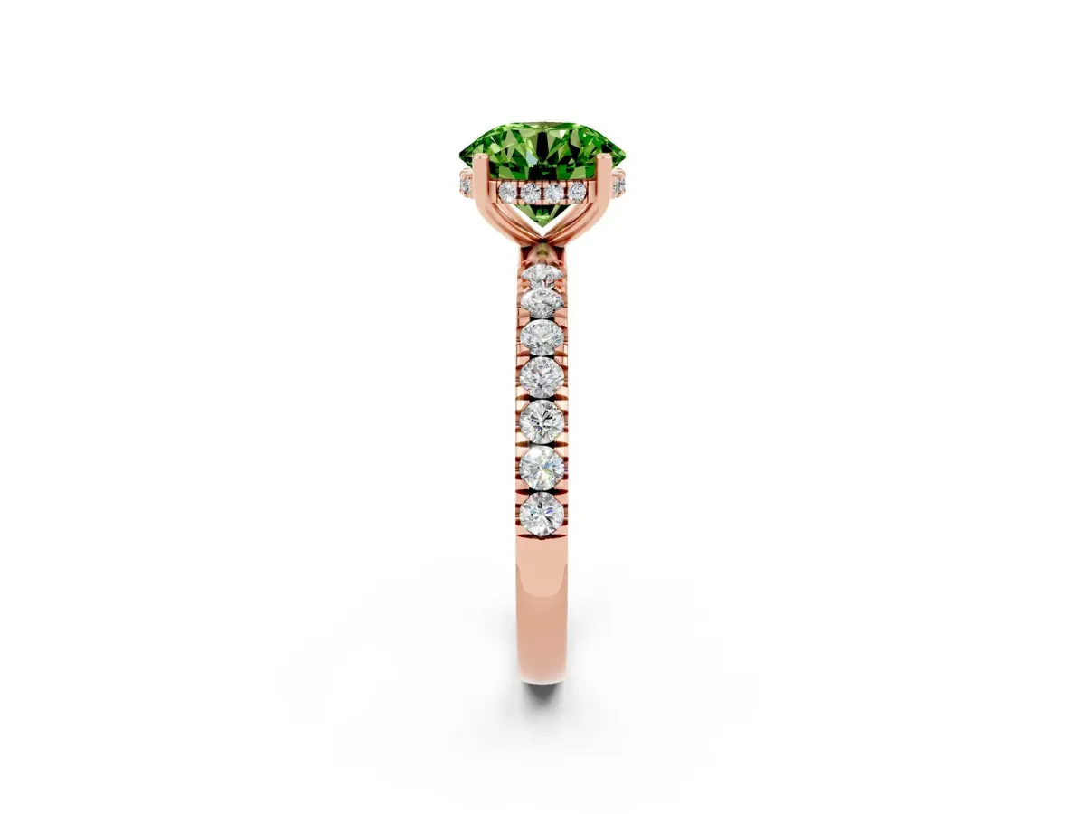 Round Cut Peridot Pave Band Solitaire Ring with Round and Prong Setting Rose gold