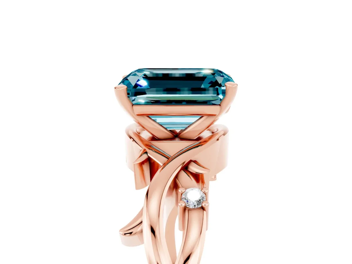 Emerald Cut Blue Topaz Solitaire Ring with Twisted Band and Prong Setting Rose gold