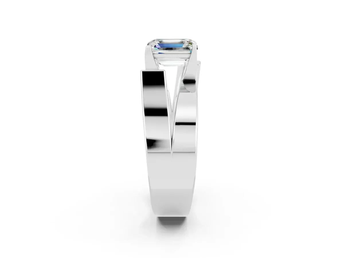 Modern Tension Set Emerald Cut Moissanite Solitaire Wide Band Ring Silver