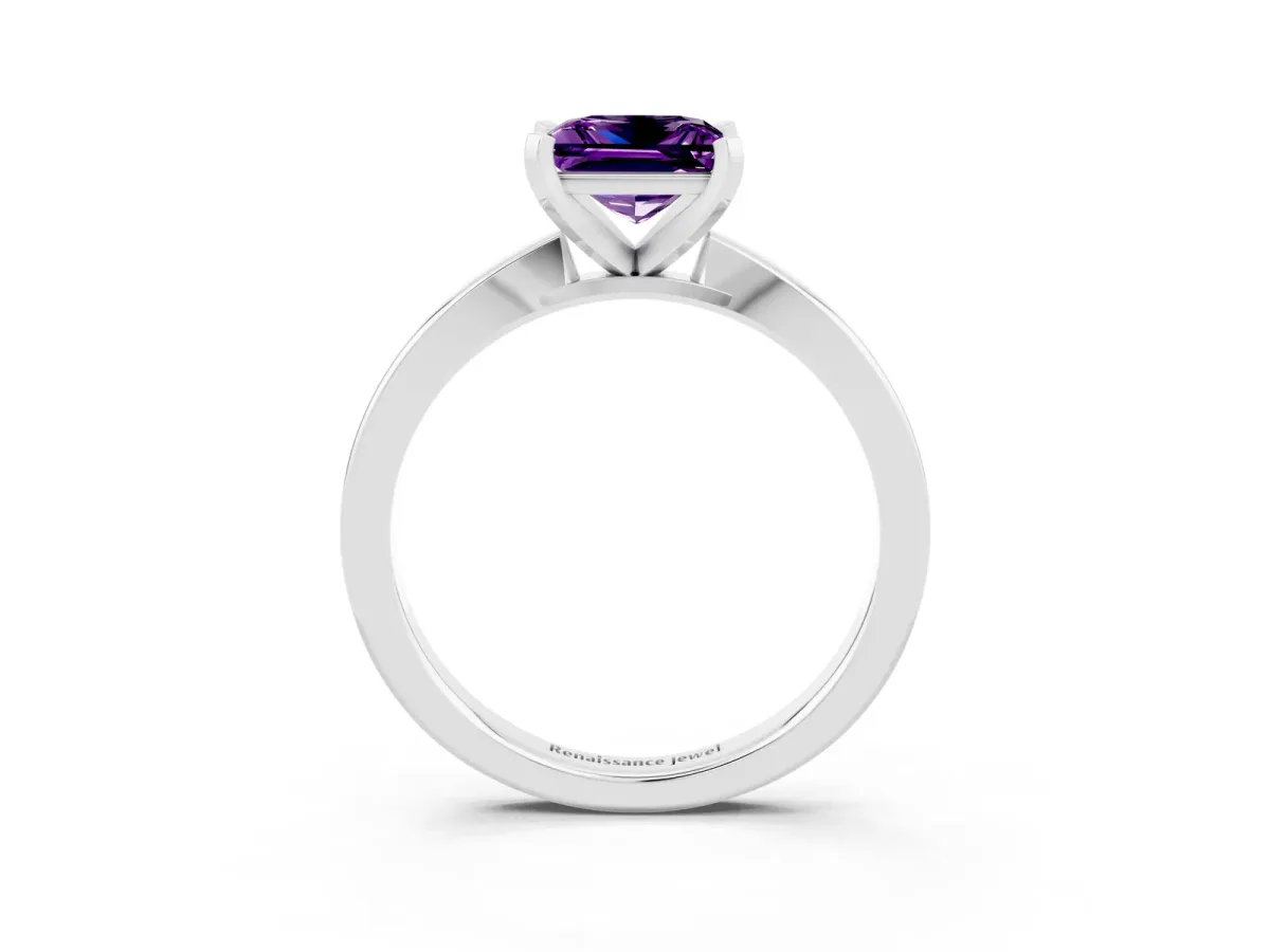 Princess Cut Amethyst Solitaire Engagement Ring with Classic Band and Four-Prong Setting Silver