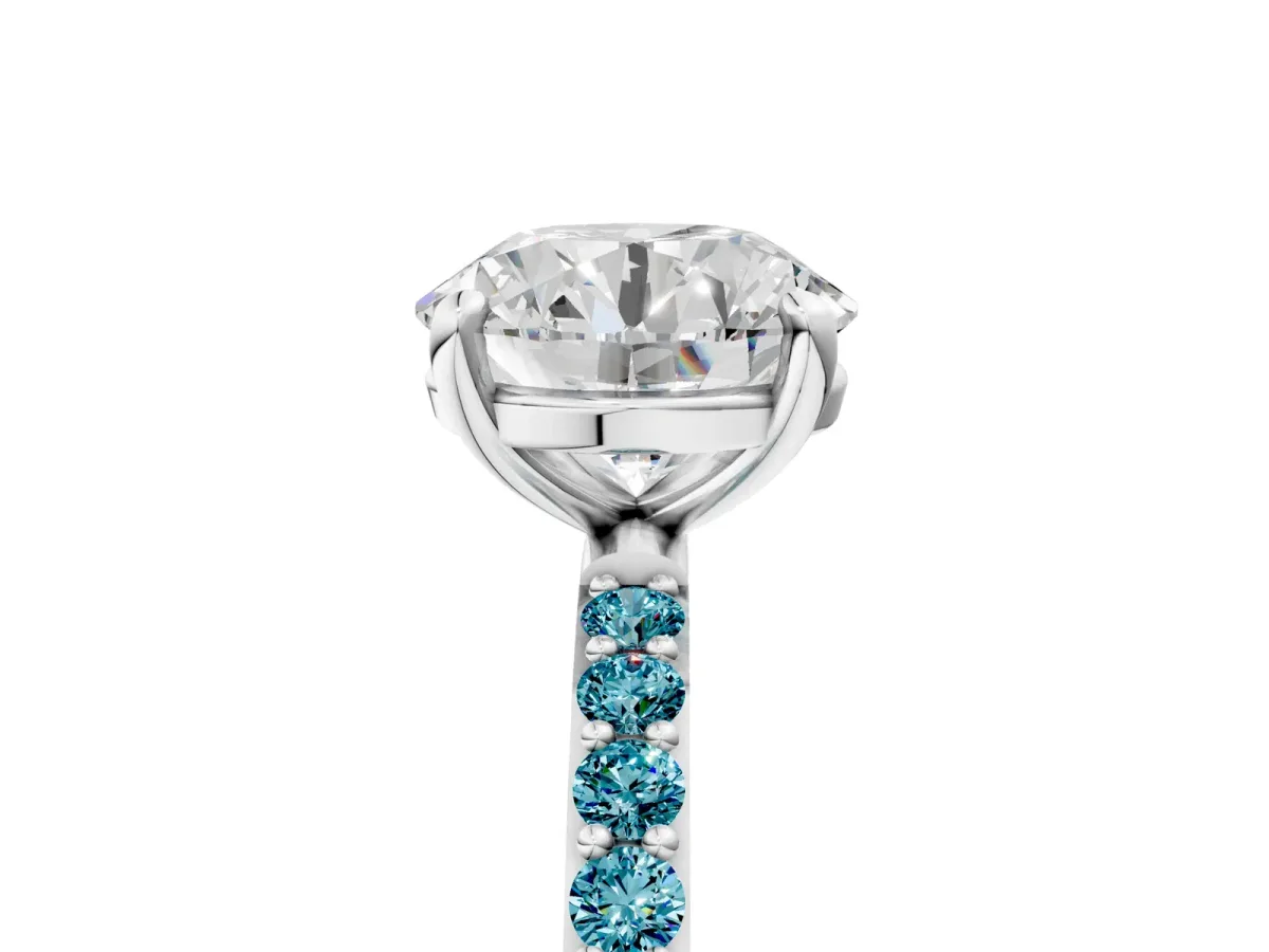 Round Cut Diamond Solitaire Ring with Round Blue Topaz Pavé Band and Prong Setting Silver