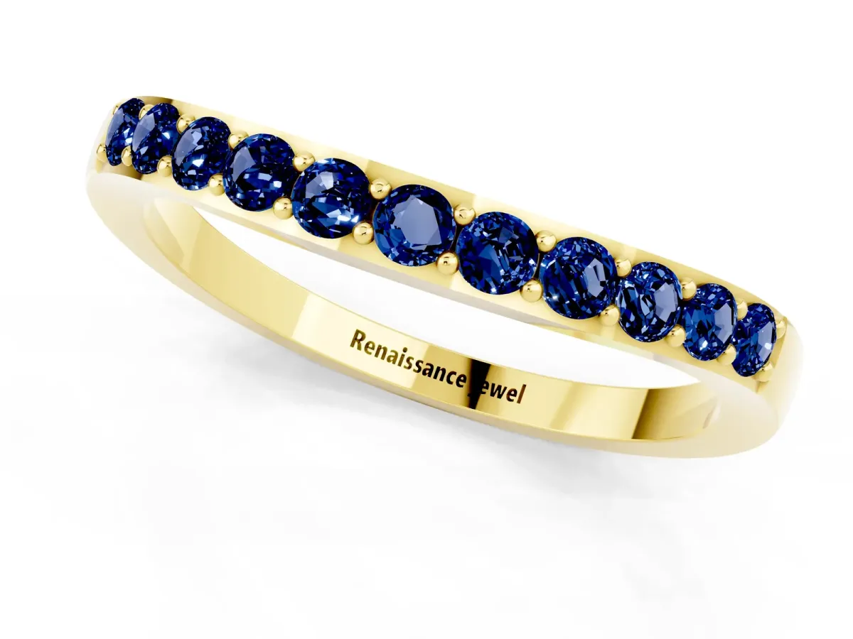 Round Blue Sapphire Curved Wedding Band with Channel Setting Yellow gold