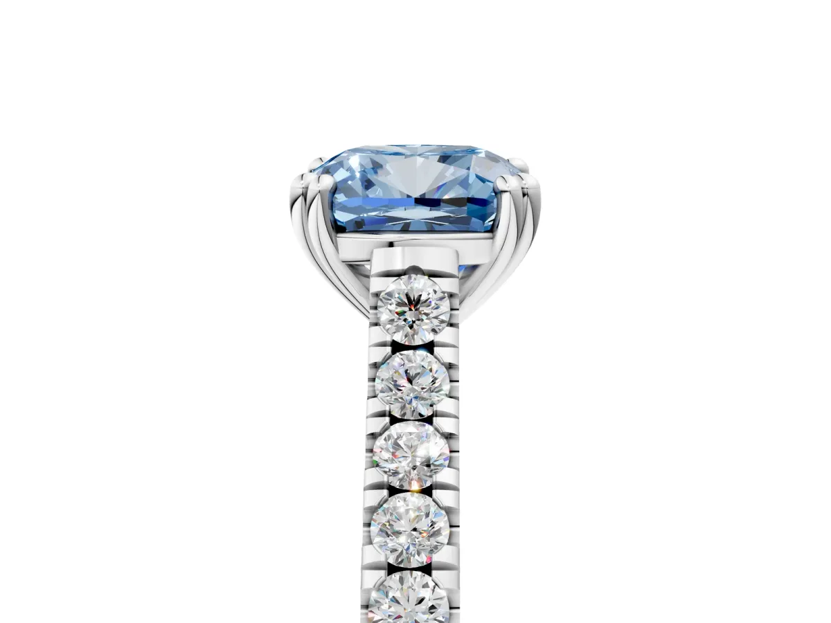 Fancy Blue Cushion Cut Solitaire Pave Diamond Engagement Ring with Prong Setting White gold