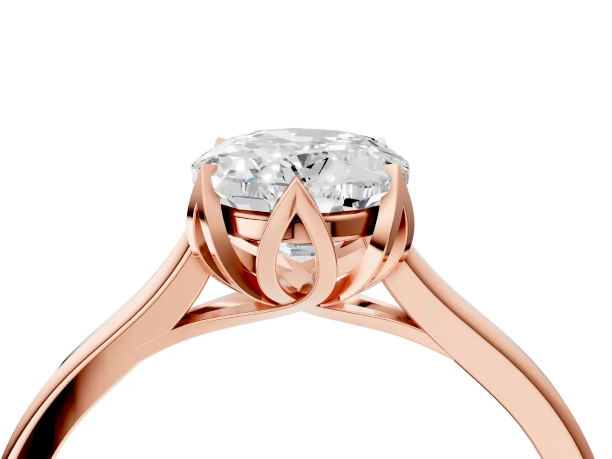 Oval Cut Diamond Solitaire Ring with Flower Prong Setting and Classic Band Rose gold