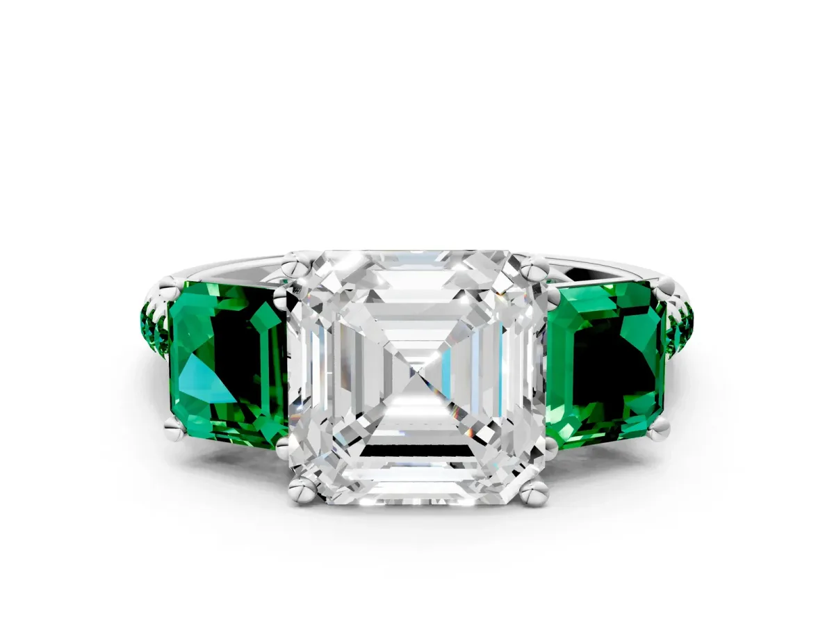 Three-Stone Asscher Cut Diamond Ring with Round Emerald Pavé Band and Prong Setting Silver