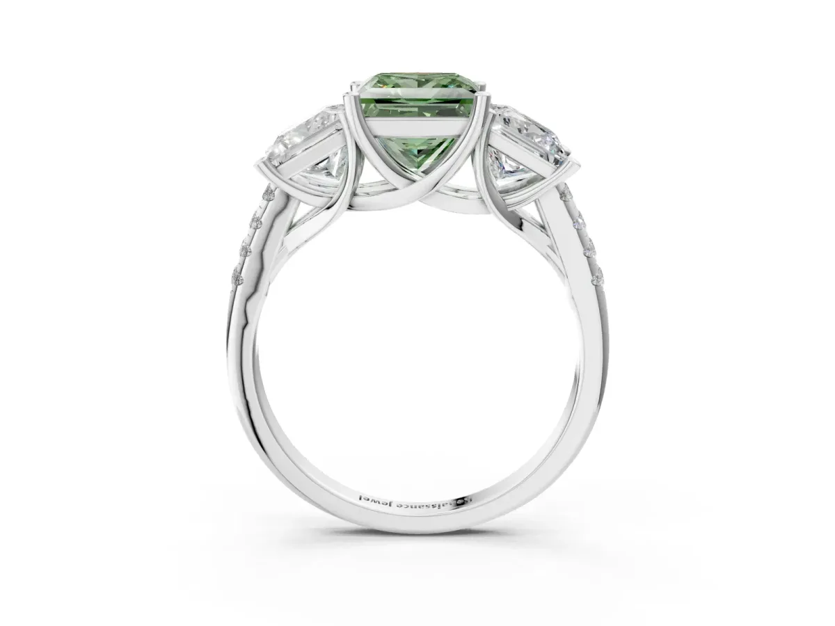 Fancy Green Three-Stone Princess Cut Diamond Ring with Round Pavé Band and Prong Setting Silver