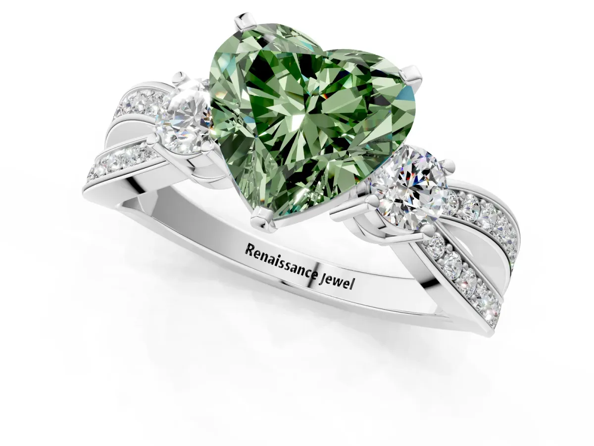 Fancy Green Three-Stone Heart Cut Cut Diamond Twist Band with Prong Setting Platinum