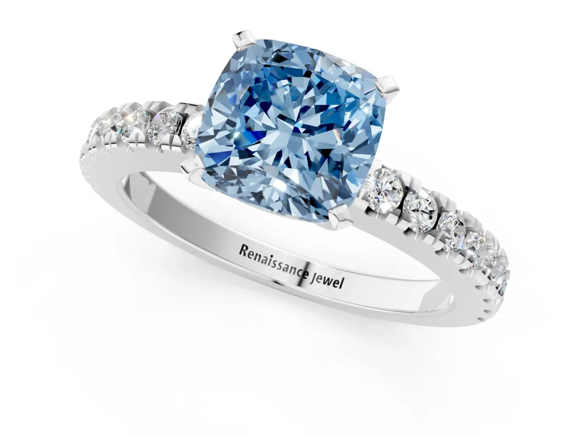 Fancy Blue Cushion Cut Solitaire Diamond with Pavé Band and Four-Prong Setting Silver