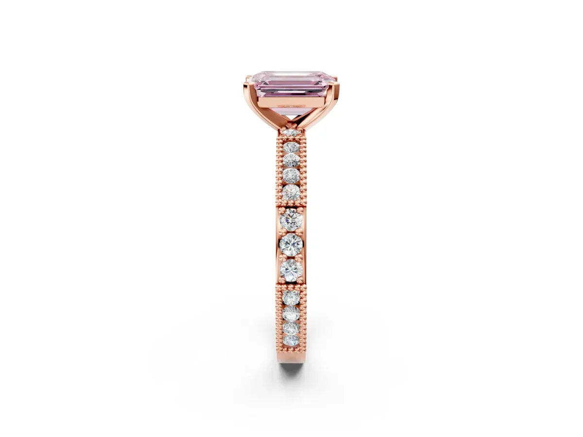 Fancy Pink Emerald Cut Solitaire with Pavé Band and Four-Prong Setting Rose gold