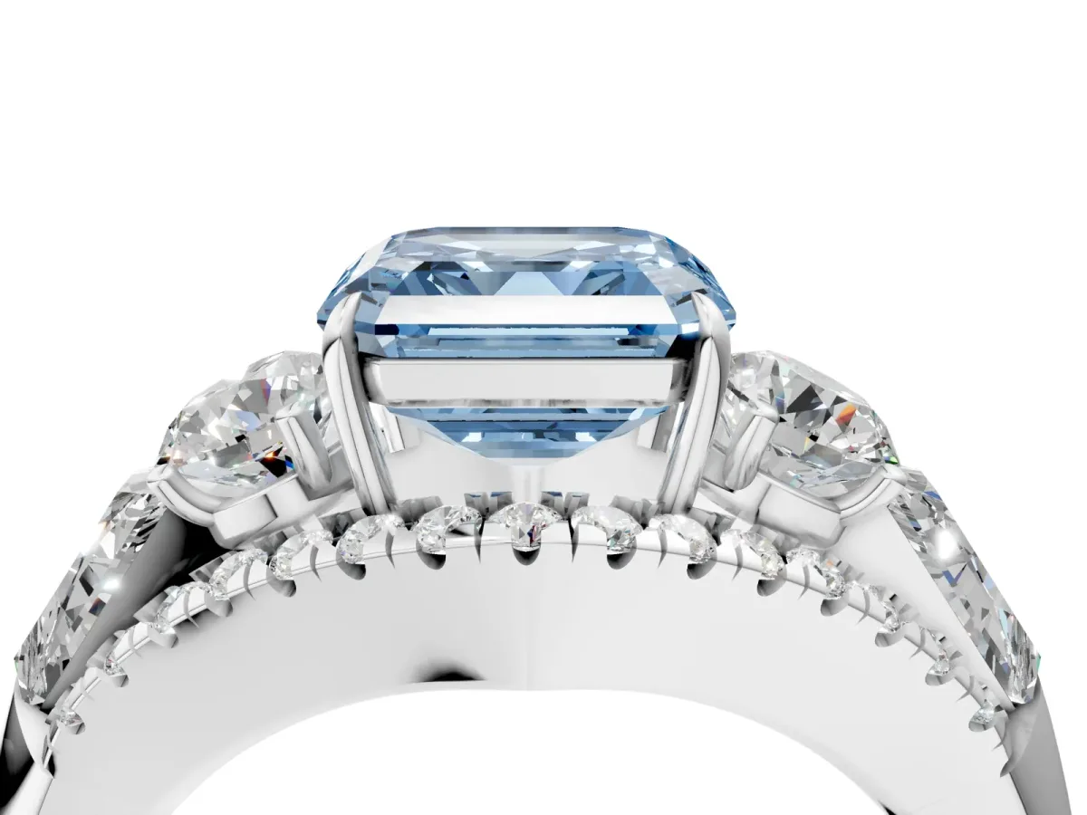 Fancy Blue Three-Stone Asscher Cut Diamond Engagement Ring with Pave Band and Prong Setting Platinum