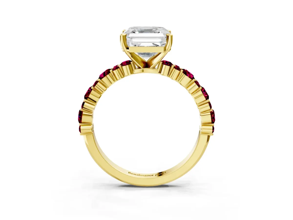 Asscher Cut Diamond Side Stone Solitaire Ring with Round Garnet and Four-Prong Setting Yellow gold