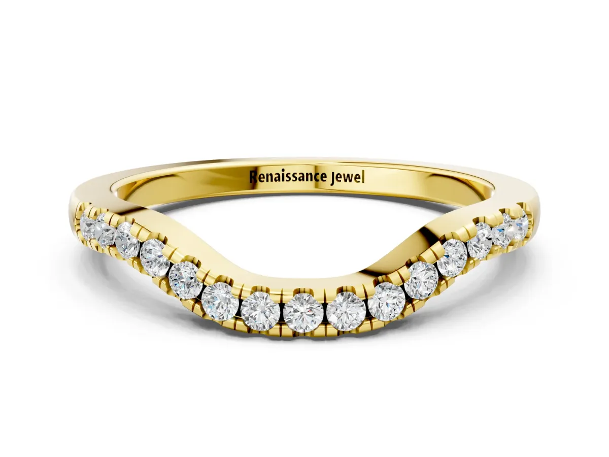 Round Diamond Curved Pavé Wedding Band with U-Prong Setting Yellow gold