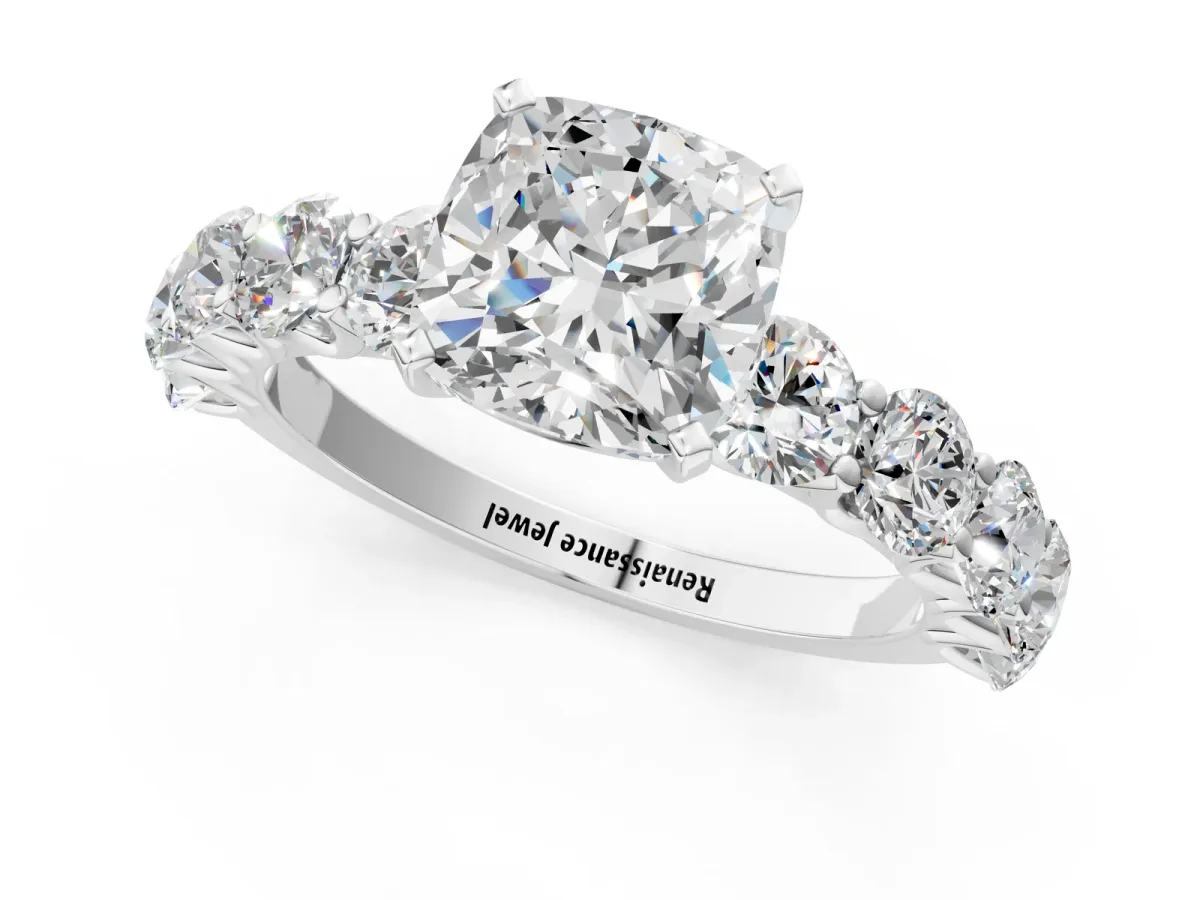 Cushion Cut Diamond Prong Setting with Side Stones on a Pave Band White gold