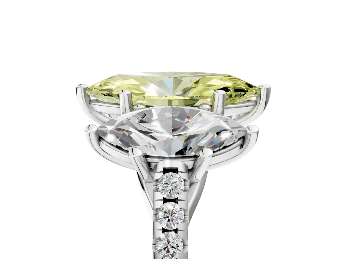 Fancy Yellow Three-Stone Marquise Cut Diamond Ring with Round Pavé Band and Prong Setting Silver