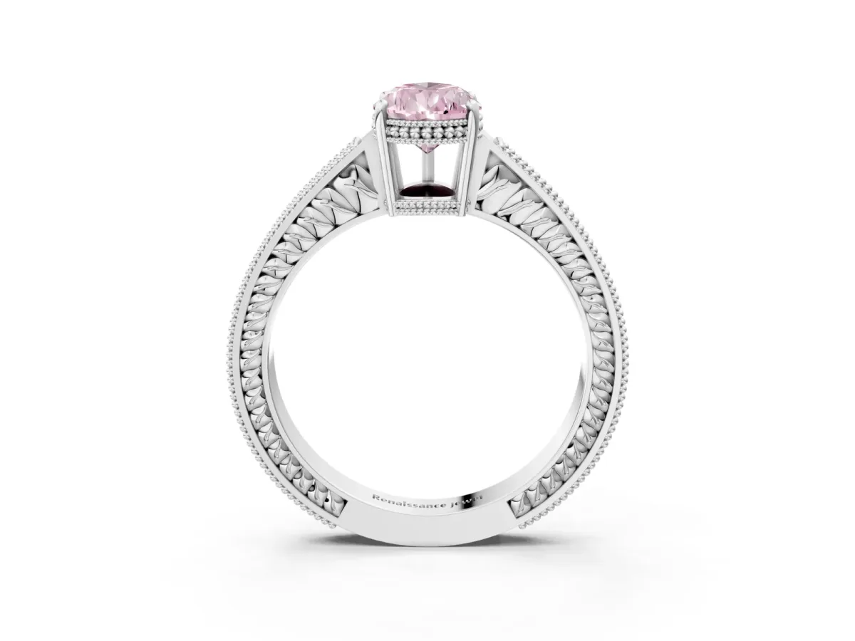 Fancy Pink Pear Cut Diamond Ring with Milgrain Pavé Band and Four-Prong Setting Platinum