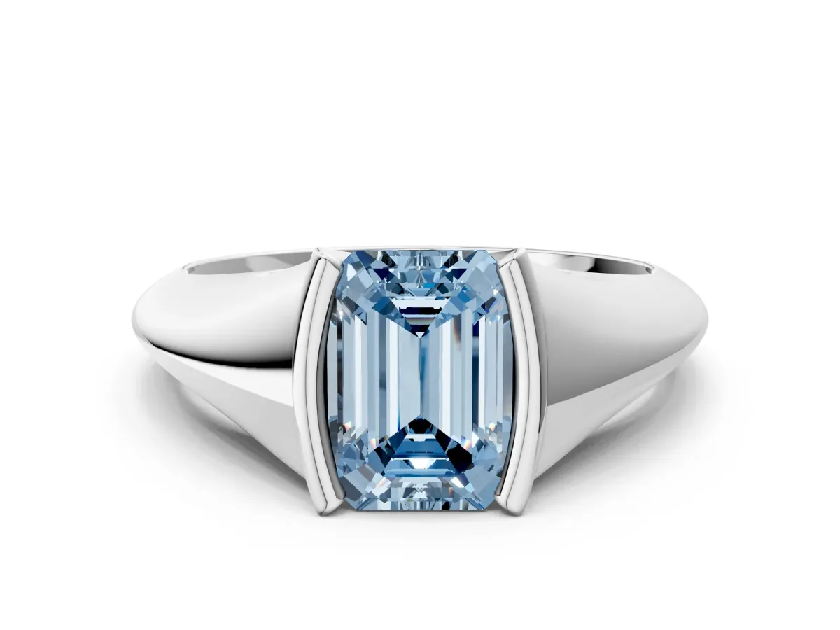 Fancy Blue Emerald Cut Solitaire Tension Set Diamond Ring Platinum