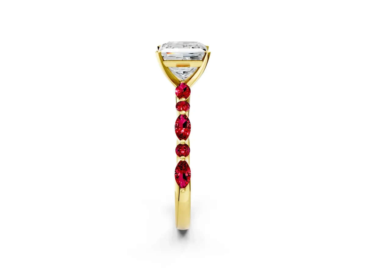Princess Cut Diamond Ring with Marquise and Round Ruby Side Stones and Four-Prong Setting Yellow gold