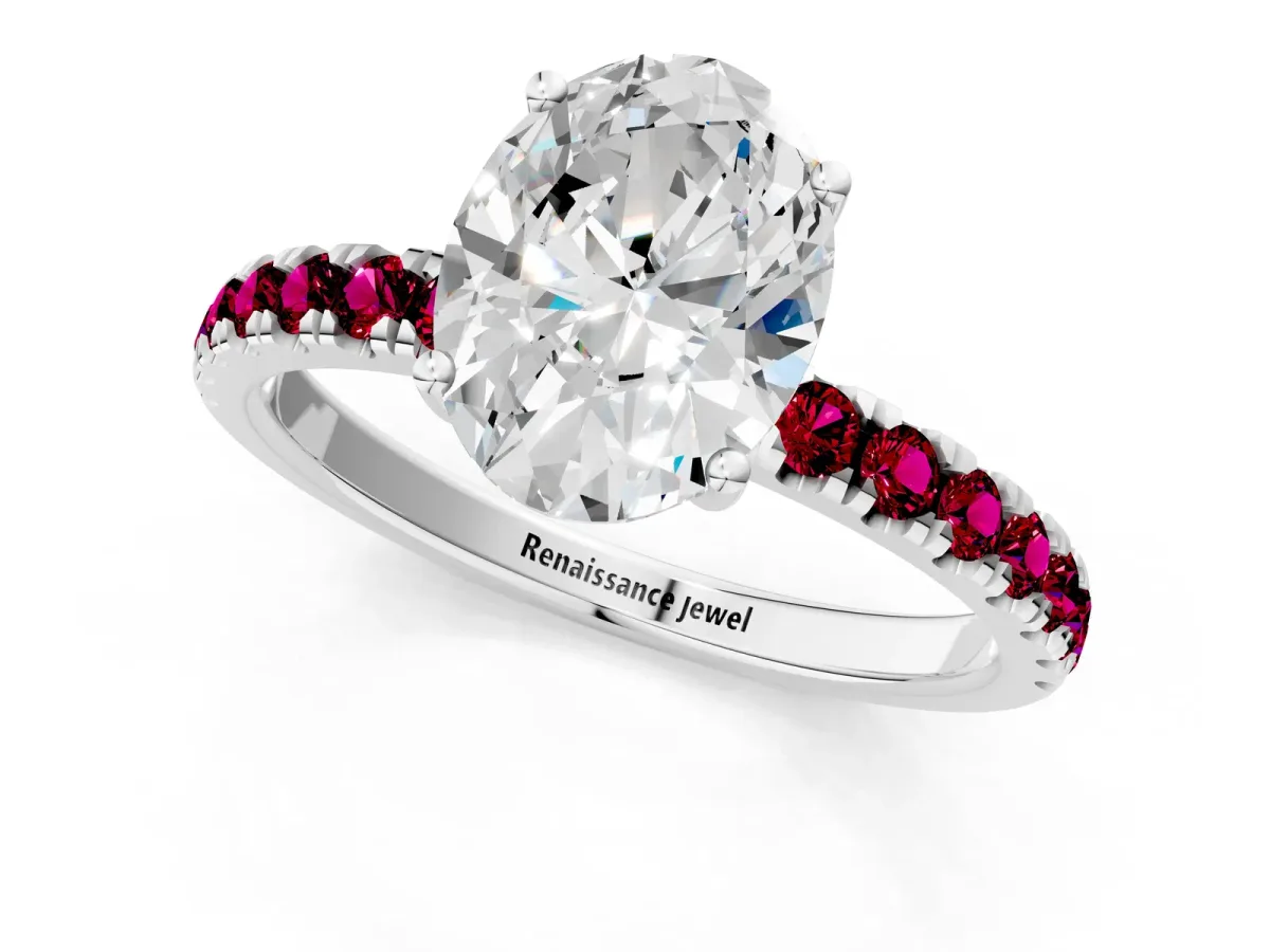 Oval Cut Diamond Pave Band Solitaire Ring with Round Garnet and Prong Setting Platinum