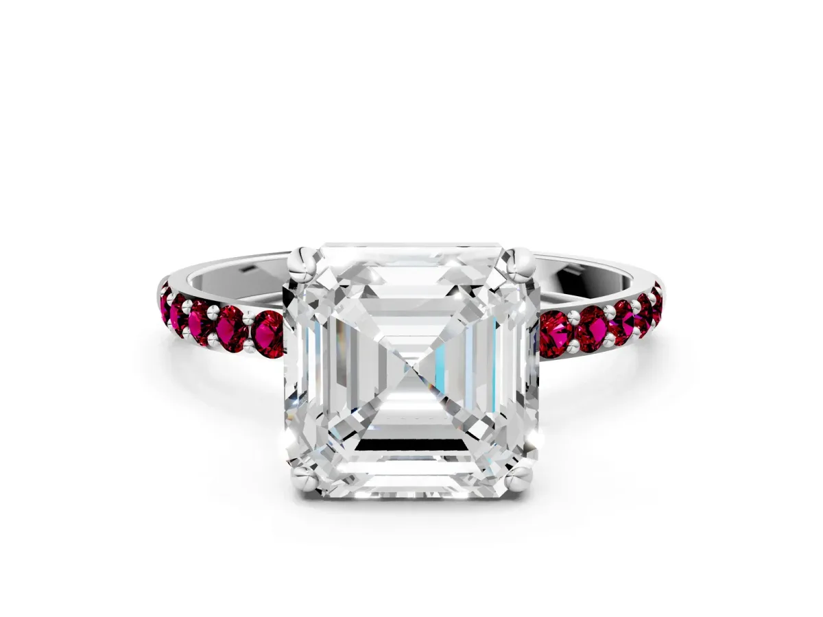 Asscher Cut Diamond Solitaire Ring with Round Garnet Pavé Band and Prong Setting Silver