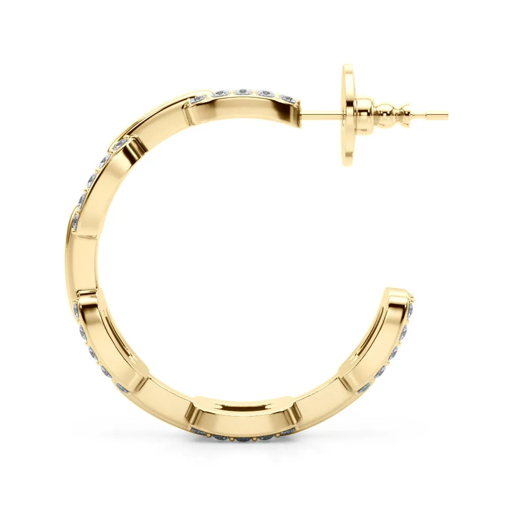 Pavé Round Diamond Link Hoop Earrings with Prong Setting Yellow gold