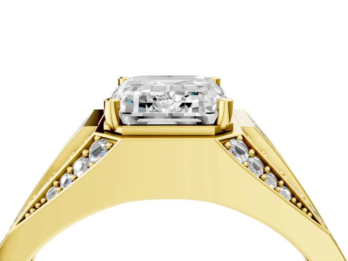 Emerald Cut Diamond Mens Ring with Baguette Side Stones Yellow gold
