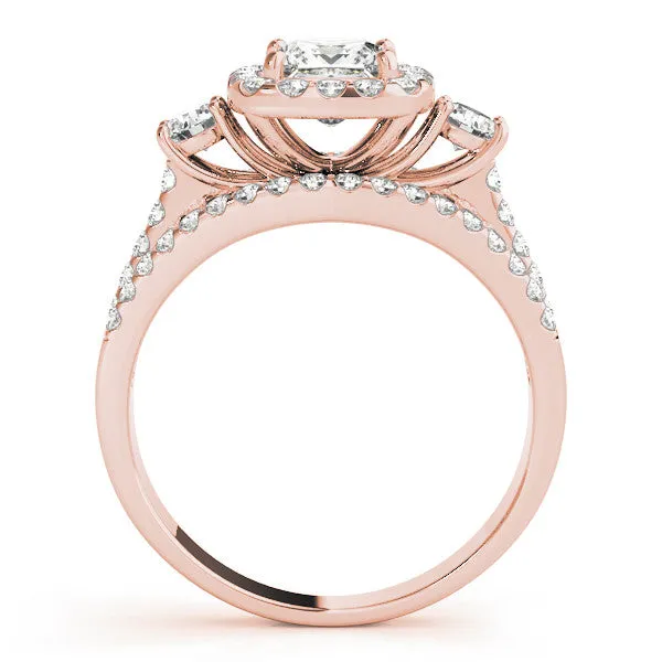 Halo Princess Cut Cut Split Shank Diamond Ring with Four-Prong Setting Rose gold