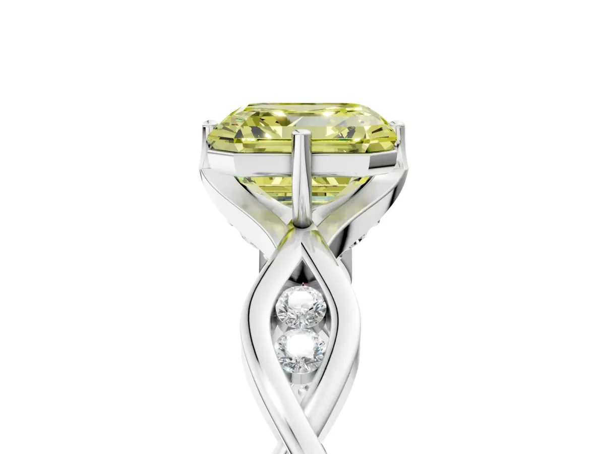 Fancy Yellow Asscher Cut Solitaire Twist Band with Leaf Prong Setting Platinum
