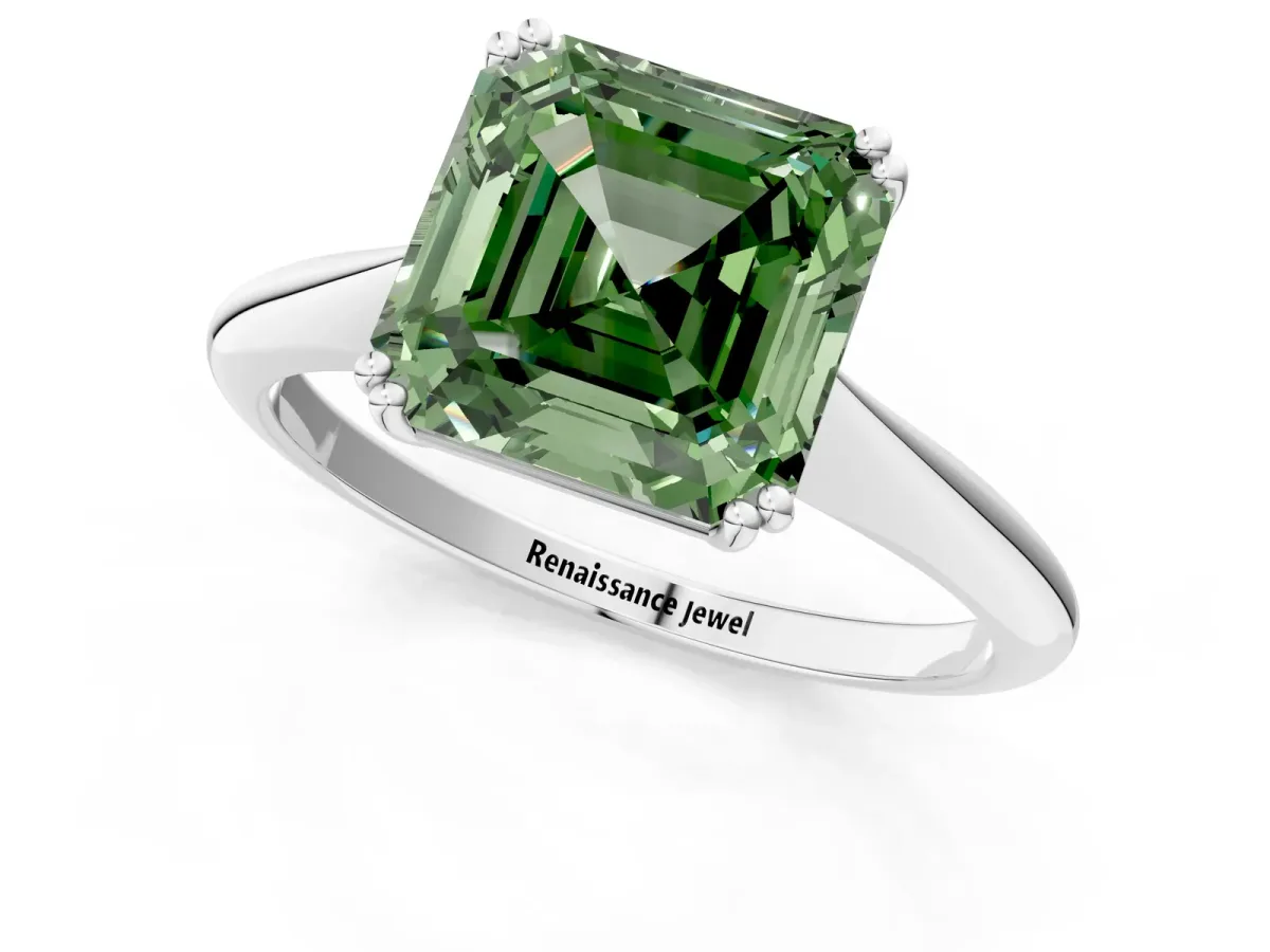 Fancy Green Asscher Cut Solitaire Diamond Ring with Six-Prong Setting and Classic Band Platinum