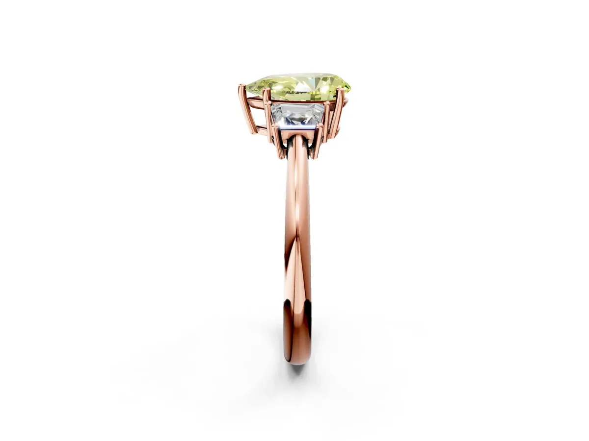 Fancy Yellow Pear Cut Diamond Three-Stone Ring with Trapezoid Side Stones and Prong Setting Rose gold