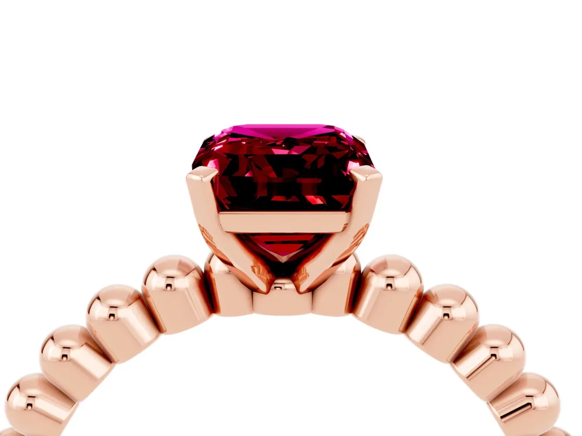 Emerald Cut Garnet Solitaire Ring with Beaded Band and Prong Setting Rose gold