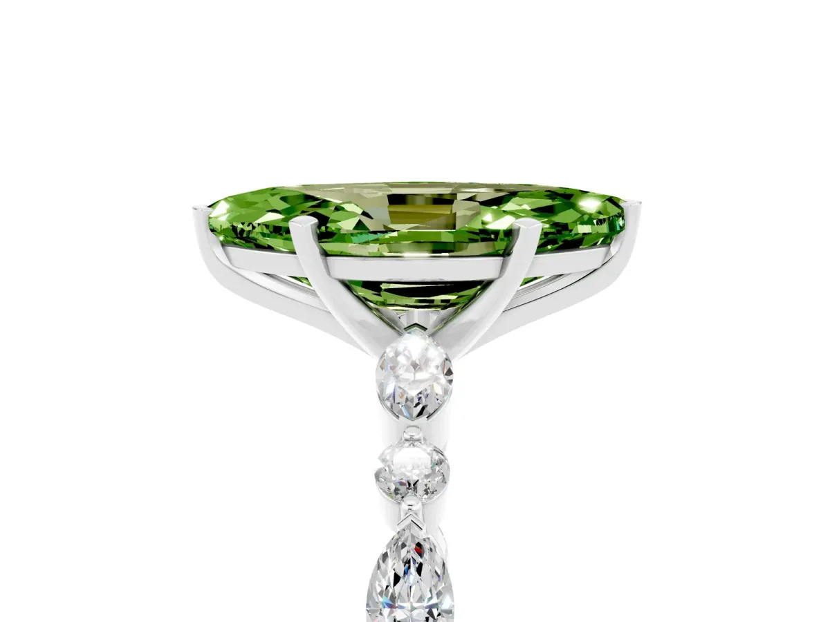 Marquise Cut Peridot Ring with Marquise and Round Side Stones and Four-Prong Setting Silver