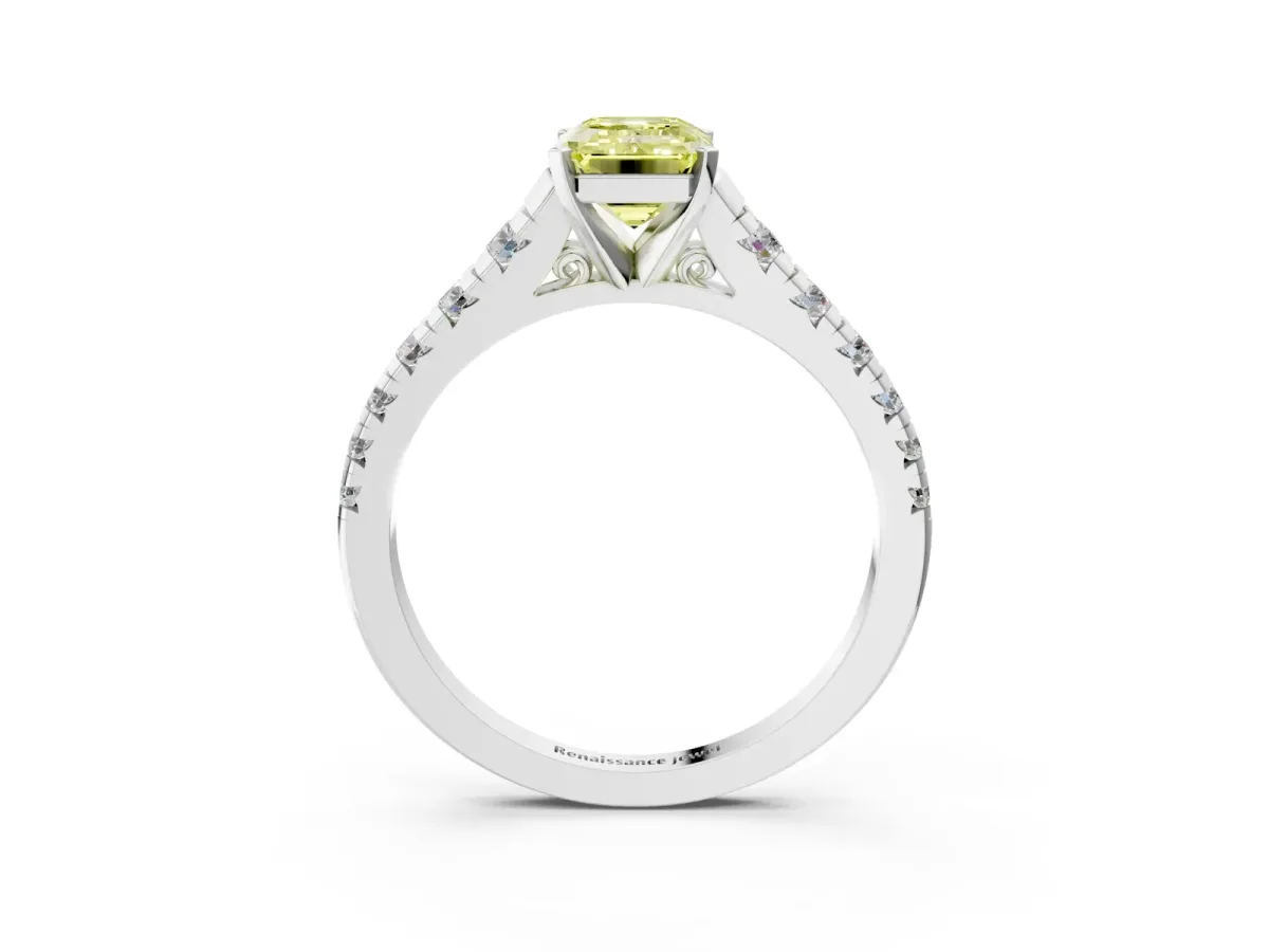 Fancy Yellow Emerald Cut Diamond Cathedral Solitaire Ring with Round Pavé Band Platinum
