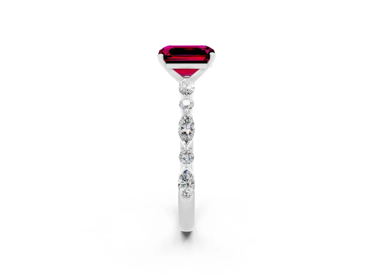 Emerald Cut Garnet Ring with Marquise and Round Side Stones and Four-Prong Setting Silver