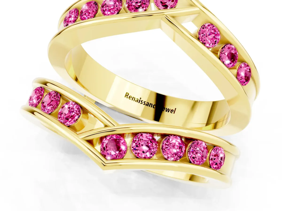 Round Pink Sapphire Channel-Set Chevron Band Yellow gold