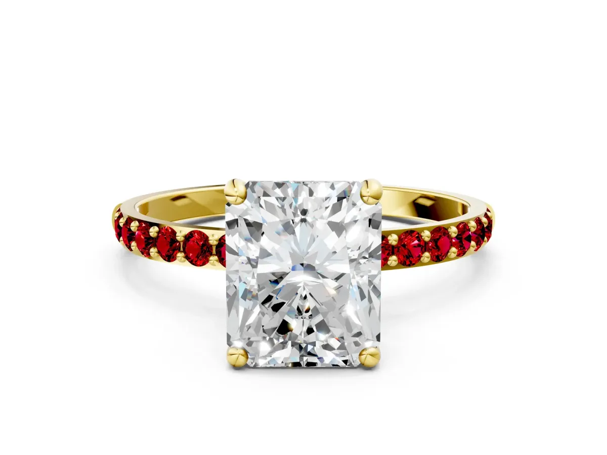 Radiant Cut Diamond Solitaire Ring with Round Ruby Pavé Band and Prong Setting Yellow gold