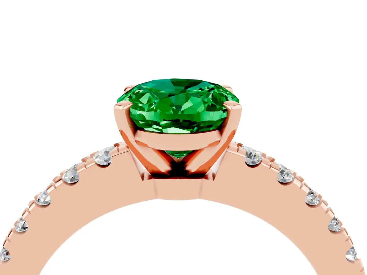 Oval Cut Solitaire Emerald with Pavé Band and Four-Prong Setting Rose gold