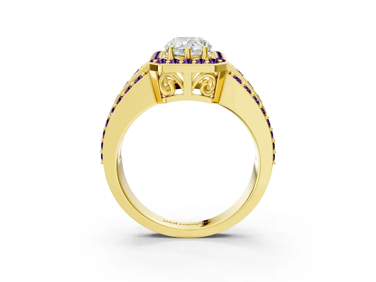 Pear Cut Halo Diamond Ring with Round Amethyst Split Shank and Prong Setting Yellow gold