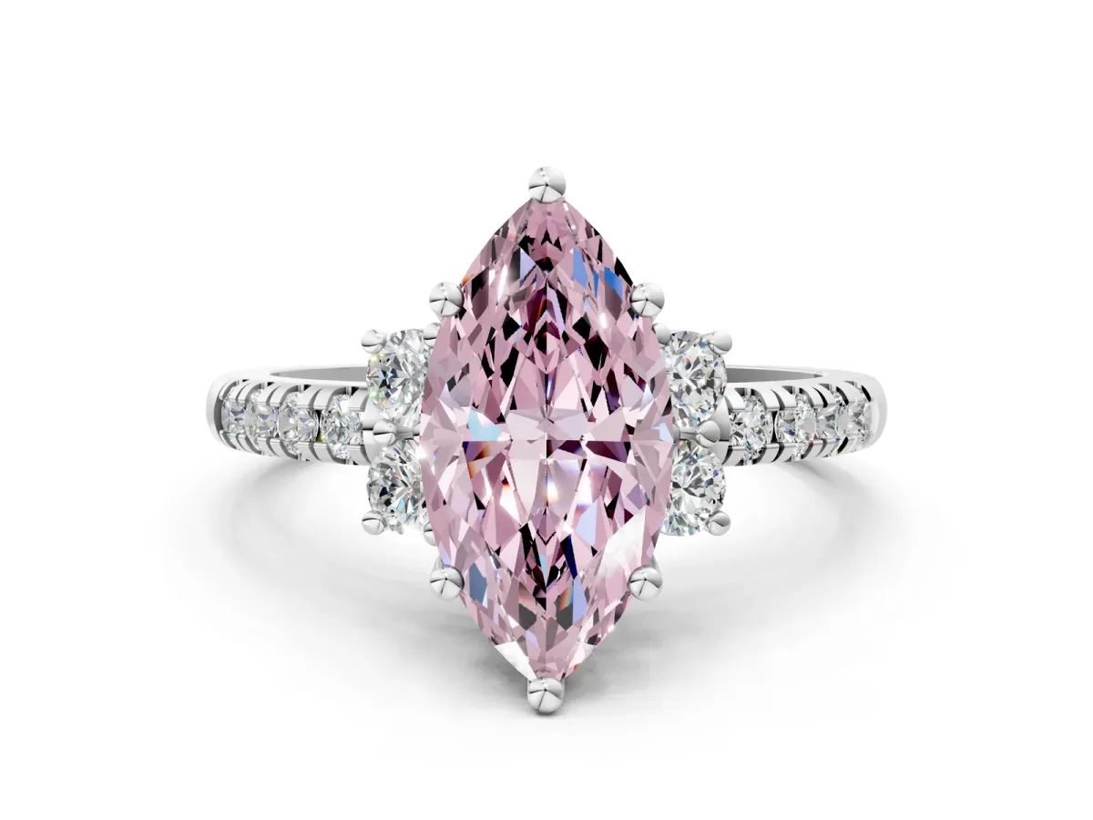 Fancy Pink Marquise Cut Diamond Three-Stone Pave Band with Four-Prong Setting Silver
