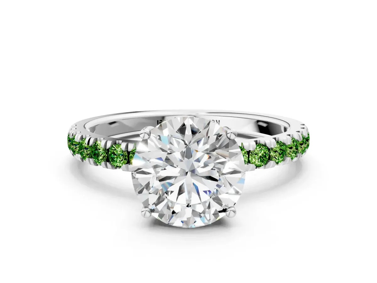 Round Cut Diamond Pave Band Solitaire Ring with Round Peridot and Prong Setting Silver