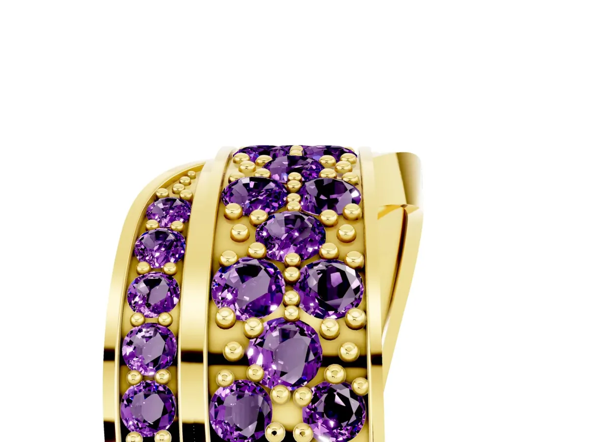 Pavé Round Amethyst Crossover Band with Bead Prong Setting Yellow gold