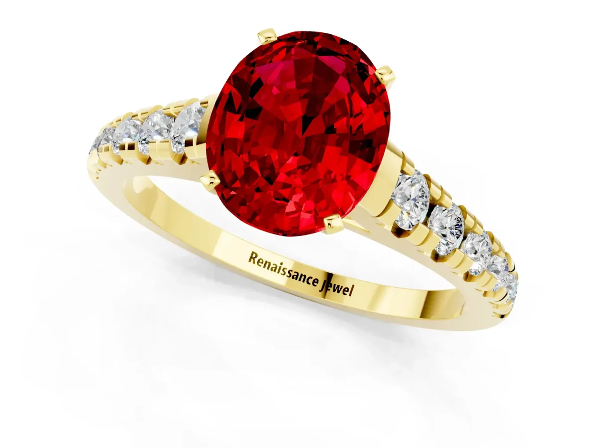 Oval Cut Ruby Cathedral Solitaire Ring with Round Pavé Band Yellow gold