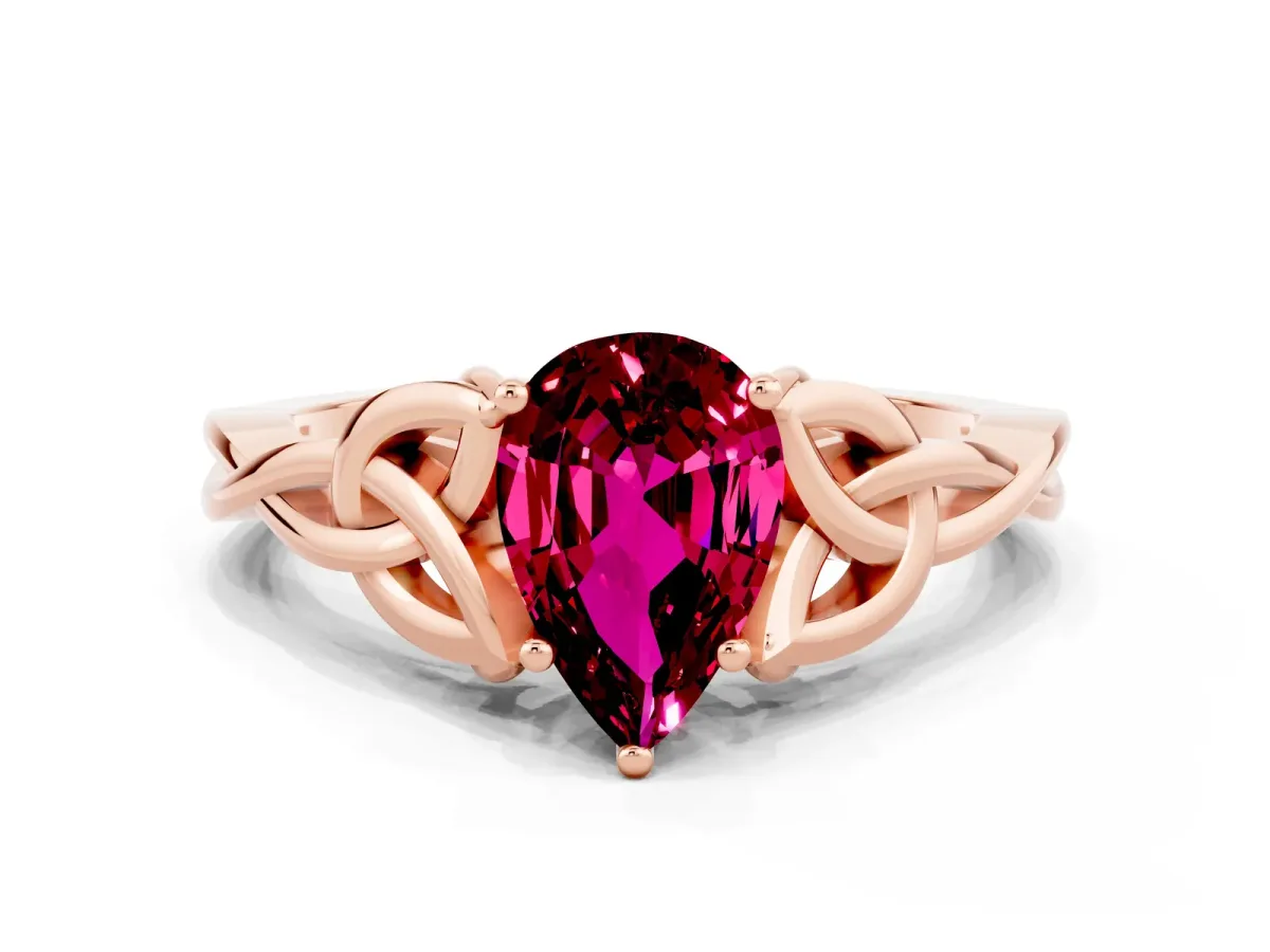 Pear Cut Garnet Solitaire Celtic Knot Ring with Four-Prong Setting Rose gold