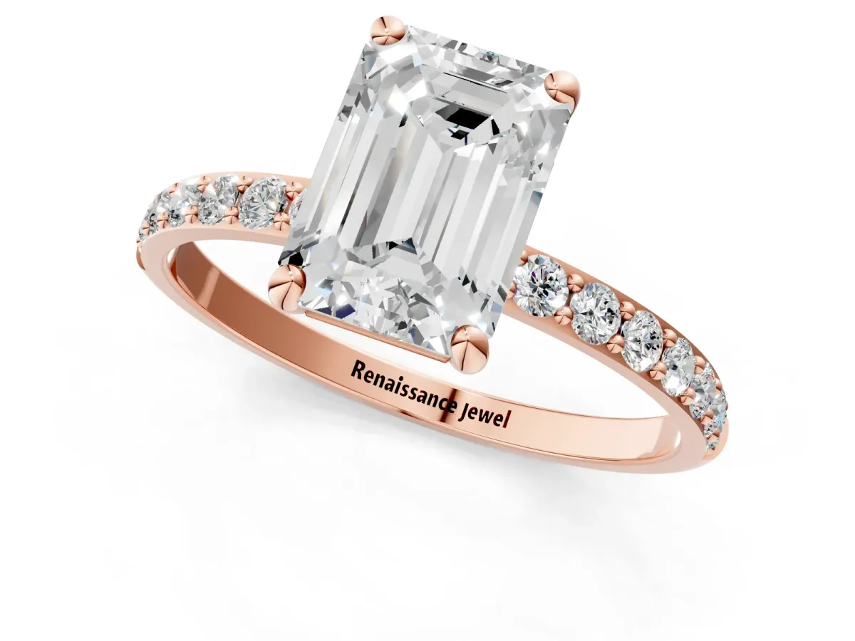 Emerald Cut Diamond Solitaire Ring with Round Pavé Band and Prong Setting Rose gold