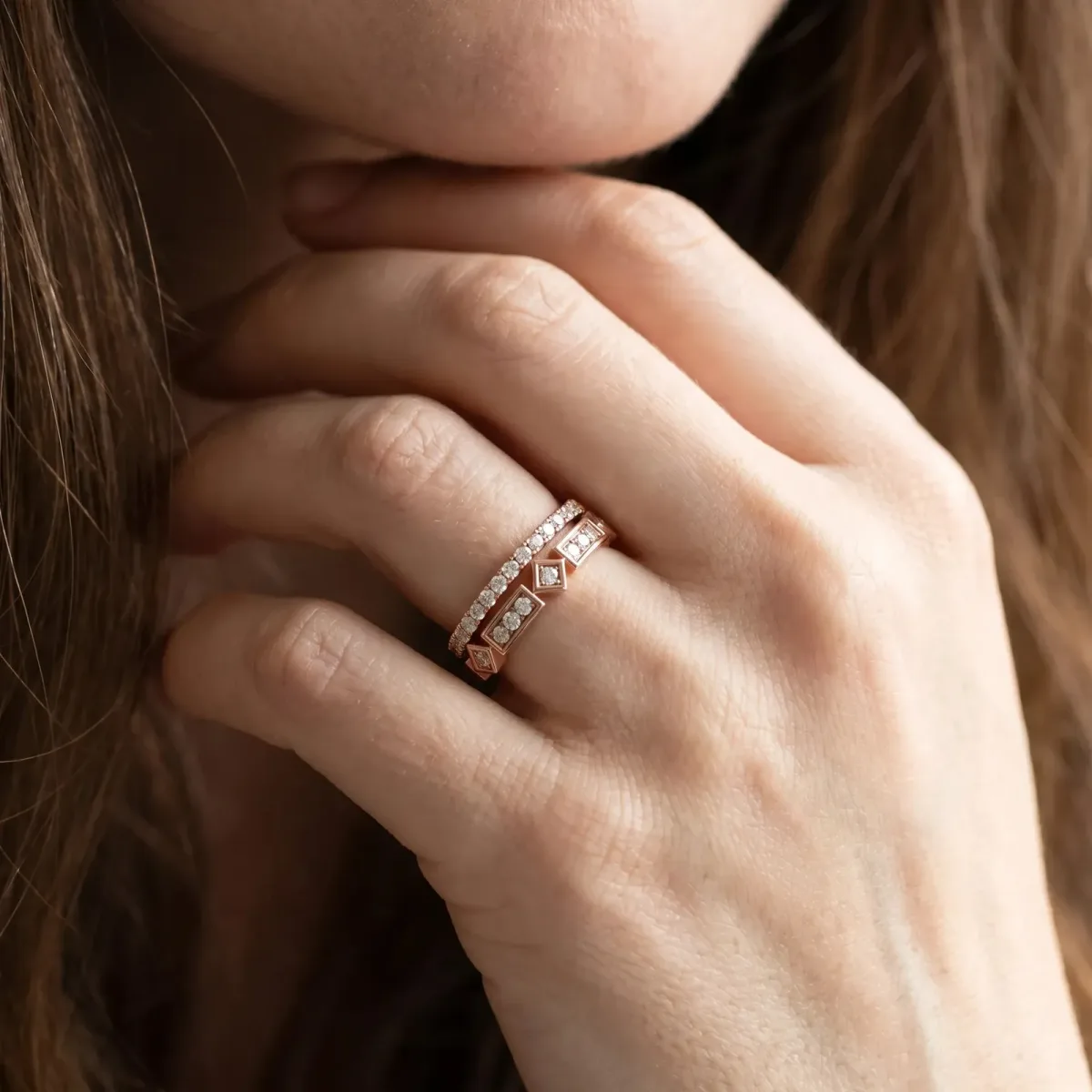 Pavé Round Diamond Channel Set Dual Band with Prong Setting Rose gold
