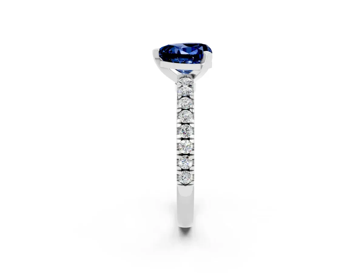 Heart Cut Solitaire Blue Sapphire with Pavé Band and Four-Prong Setting Silver