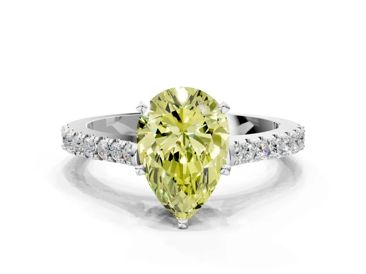 Fancy Yellow Pear Cut Cut Solitaire Diamond Engagement Ring with Pave Band and Four-Prong Setting Silver