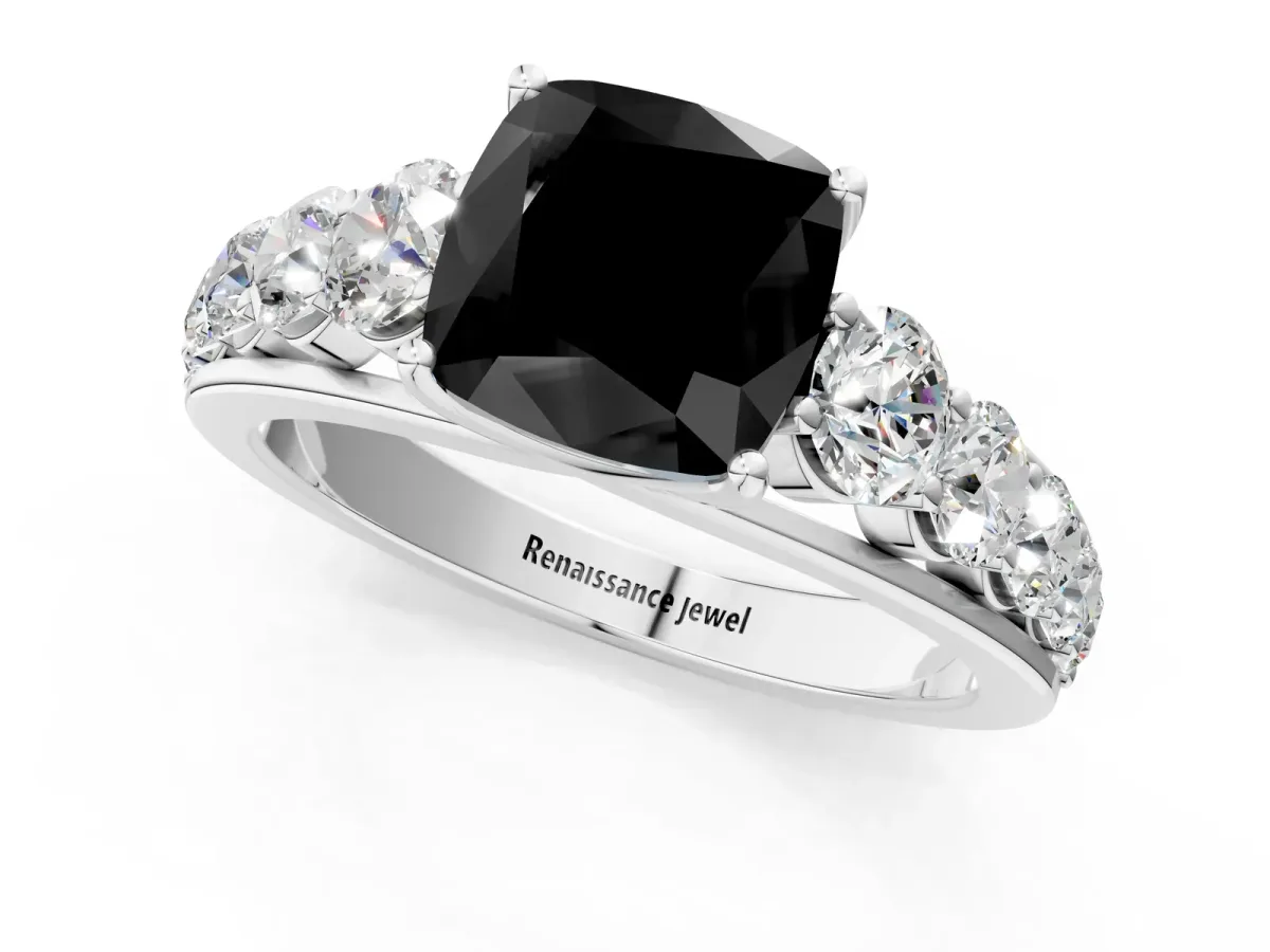 Fancy Black Cushion Cut Brilliant Diamond Pavé Band with Six-Prong Setting Silver