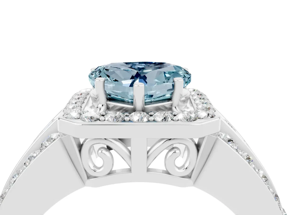 Heart Cut Halo Aquamarine Ring with Round Split Shank and Prong Setting Silver