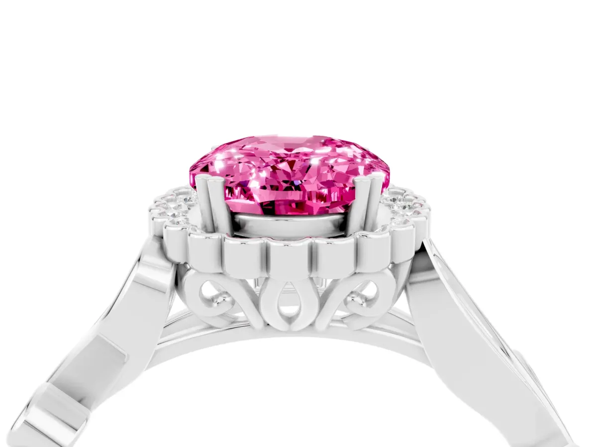 Oval Cut Pink Sapphire Halo Ring with Vintage Split Shank and Four-Prong Setting Silver