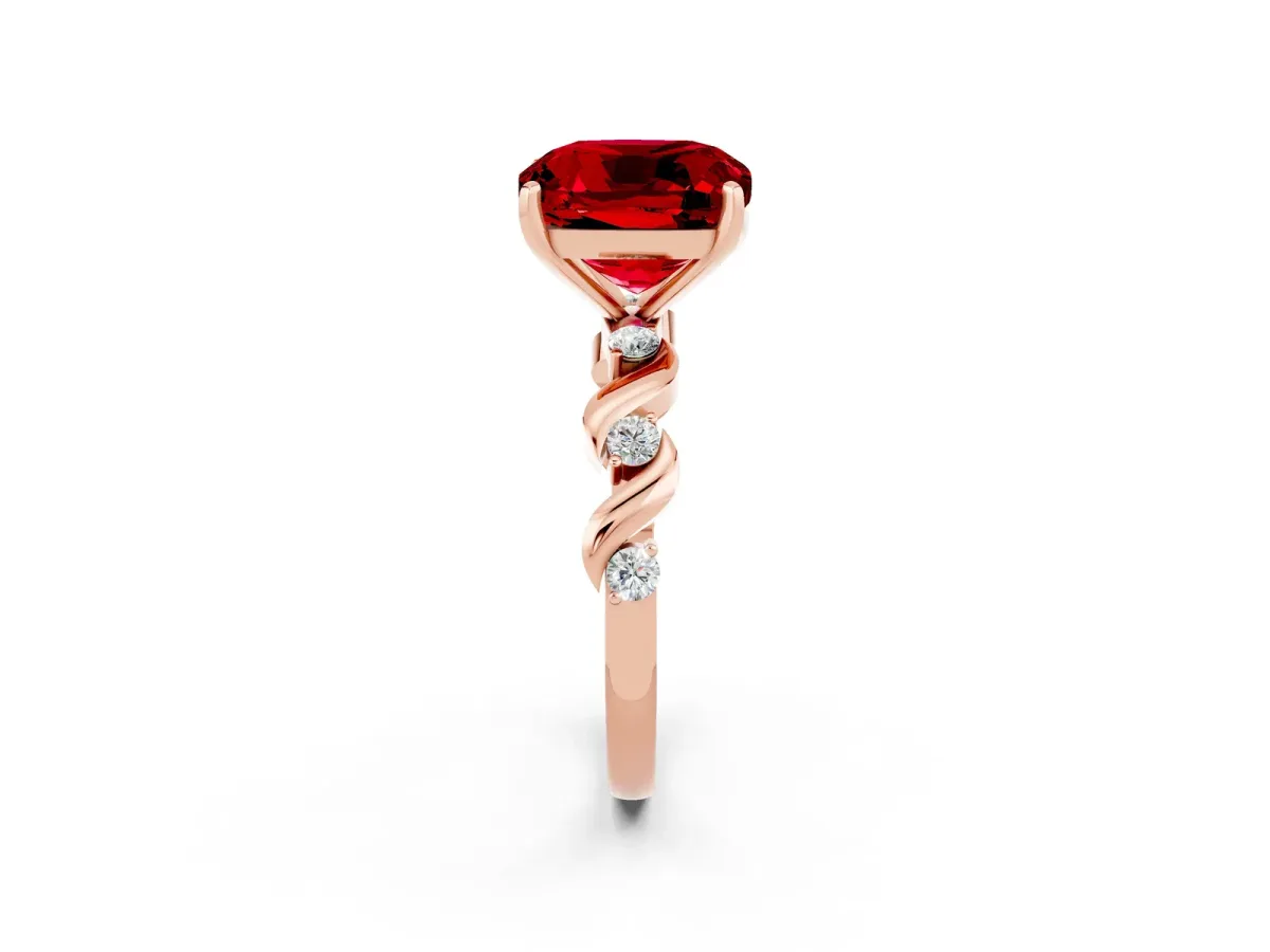 Cushion Cut Ruby Solitaire Twisted Band with Round Accents and Prong Setting Rose gold